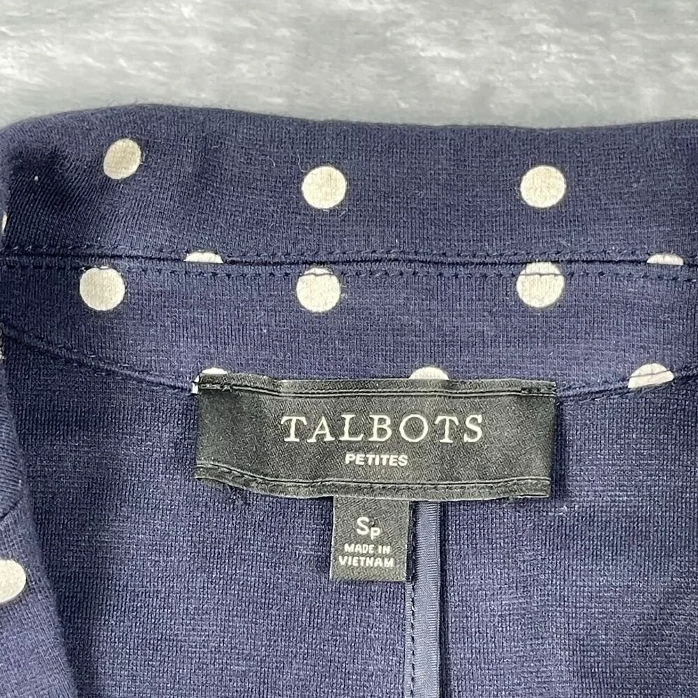 Talbots Blazer Petite Small SP Navy White Polka Dot Cotton Blend Unstructured‎